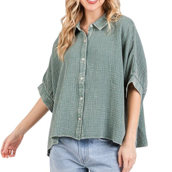 Green Mineral Wash Dolman Sleeve Button Down Womens Shirt - Picture 1 of 5